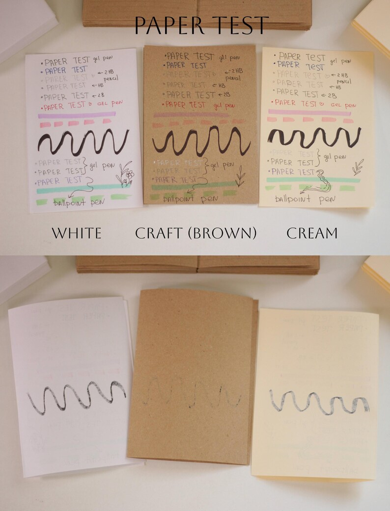 May include: A comparison of paper types labeled white, craft (brown), and cream. Each paper type features handwritten tests with gel pens, pencils, and ballpoint pens. The text "PAPER TEST" is visible on each page, along with a wavy line drawn with a pen.