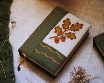 Geborduurd notitieboek bos, dagboek eikenblad, dagboek bos