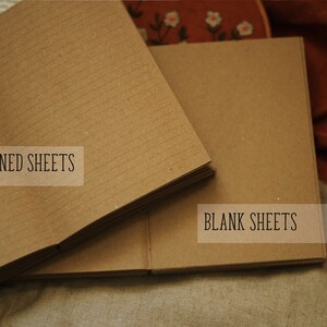 Puede incluir: Dos cuadernos abiertos con p&aacute;ginas de papel kraft. Uno tiene hojas rayadas y el otro hojas en blanco. El texto "LINED SHEETS" y "BLANK SHEETS" se muestra en la imagen.