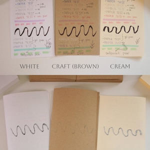 Puede incluir: Comparaci&oacute;n de tres tipos de papel: blanco, artesanal (marr&oacute;n) y crema. Cada hoja muestra pruebas manuscritas con bol&iacute;grafos de gel, l&aacute;pices y bol&iacute;grafos. El texto "PAPER TEST" est&aacute; presente en cada p&aacute;gina, junto con una l&iacute;nea ondulada dibujada con un bol&iacute;grafo.