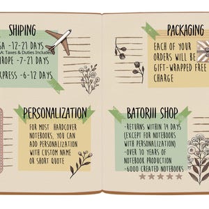 May include: Open notebook with information about shipping, packaging, and personalization. The notebook has a brown cover and contains text and illustrations, including a plane and floral designs.