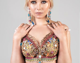 Athena Bejeweled Bra - crystals, embroidery, jewelry, chain, crop, top, festival, performance, costume, belly, dance, one-off, gold