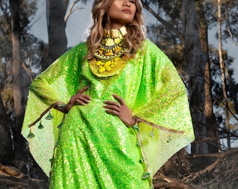 Neon Dreams Poncho - one-off, designer, bohemian, flouro, green, yellow, boho, sequin, dress, full-length, statement, necklace, kaftan