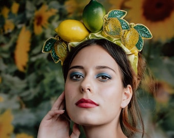 Lemonade Fascinator - unique, designer, one off, yellow, lemons, turban, headband, headpiece, races, Spring, formal, exclusive, green, satin