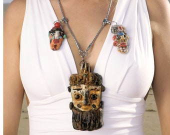 Statue of Poseidon Pendant Unique Chunky Statement Necklace: silver, metal, statement, Iris Apfel, chunky, black, clay, sculptural, one-off