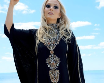 Ziraki Poncho Dress - evening embroidery black stone crystal batwing cape floor-length couture handmade designer label exclusive event