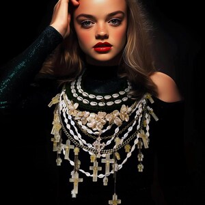 May include: A woman with long blonde hair wears a black top with a layered necklace of white and gold crosses and shells.