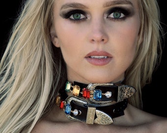 Arak Belt Choker: beads, chrome, crystal, holographic, colorful, rainbow, statement, Iris Apfel, chunky, black, turquoise, Swarovski