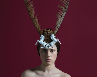 Aithe Fascinator: hat, headwear, horse, feather, accessory, pheasant, gold, crystal, bohemian, boho, races, spring