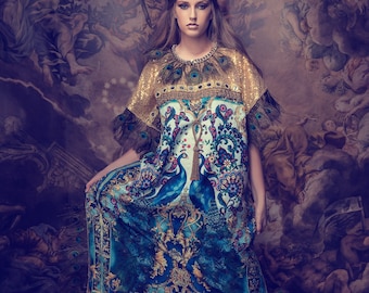 Golden Peacock Kaftan - print, bohemian, freesize, embroidery, applique, feathers, blue, resort, exclusive, designer, gold