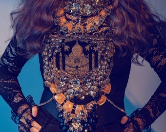 Shah Jahan Necklace - statement, chains, Taj Mahal, Mughal, oversize, evening, floral, crystals, choker, harness, gold.