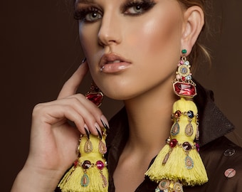 Tzitzit Tassel Earrings featuring beads & crystals: Chunky, unique, statement, Iris Apfel, chrome, gold, neon, colorful, rainbow, one-off