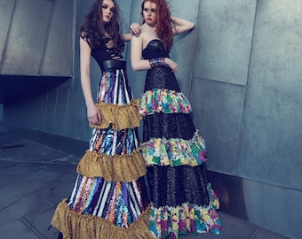 Esteri Skirt - maxi floor-length ruffles stripes rainbow black multicolored evening lace netting party cocktail exclusive label fashion