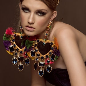Verona Heart Earrings featuring beads, mirrors & crystals: Chunky, unique, statement, Iris Apfel, Pakistan, gold, colorful, rainbow, one-off