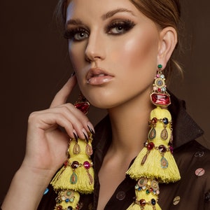 Tzitzit Tassel Earrings featuring beads & crystals: Chunky, unique, statement, Iris Apfel, chrome, gold, neon, colorful, rainbow, one-off