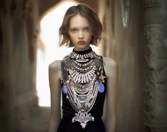 Mixed Stone Chandelier Statement necklace: silver, chrome, mirror, crystal, statement, Iris Apfel, chunky, oversize, choker