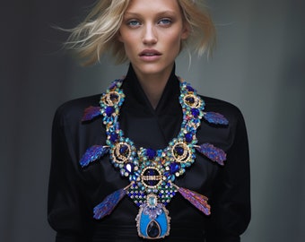 Peacock Statement Necklace: turquoise, blue, Swarovski, semiprecious, oversized, designer, fashion, jewelry, peacock aura kyanite, crystal