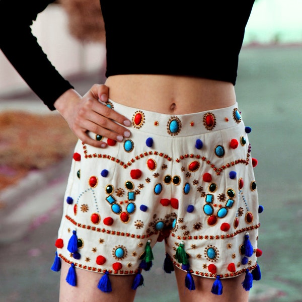 Mankera Embroidered Shorts: embroidered, mini, turquoise, pom-poms, tassels, beads, stones, festival, designer, white, blue, red, unique