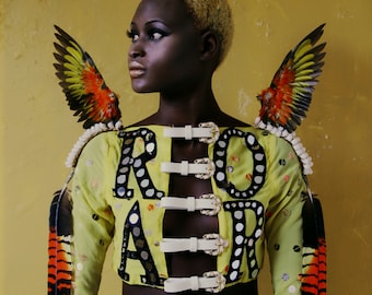 Roar Crop Top: high fashion, avant-garde, buckles, belts, yellow, festival, editorial, runway, long-sleeve, embroidery, unique, designer