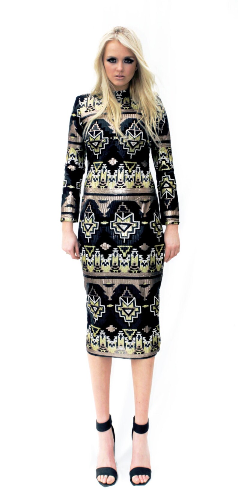green long sleeves festival black Mirpur Green Dress: midi-length sequin shift dress unique sequin boho Midi designer aztec gold