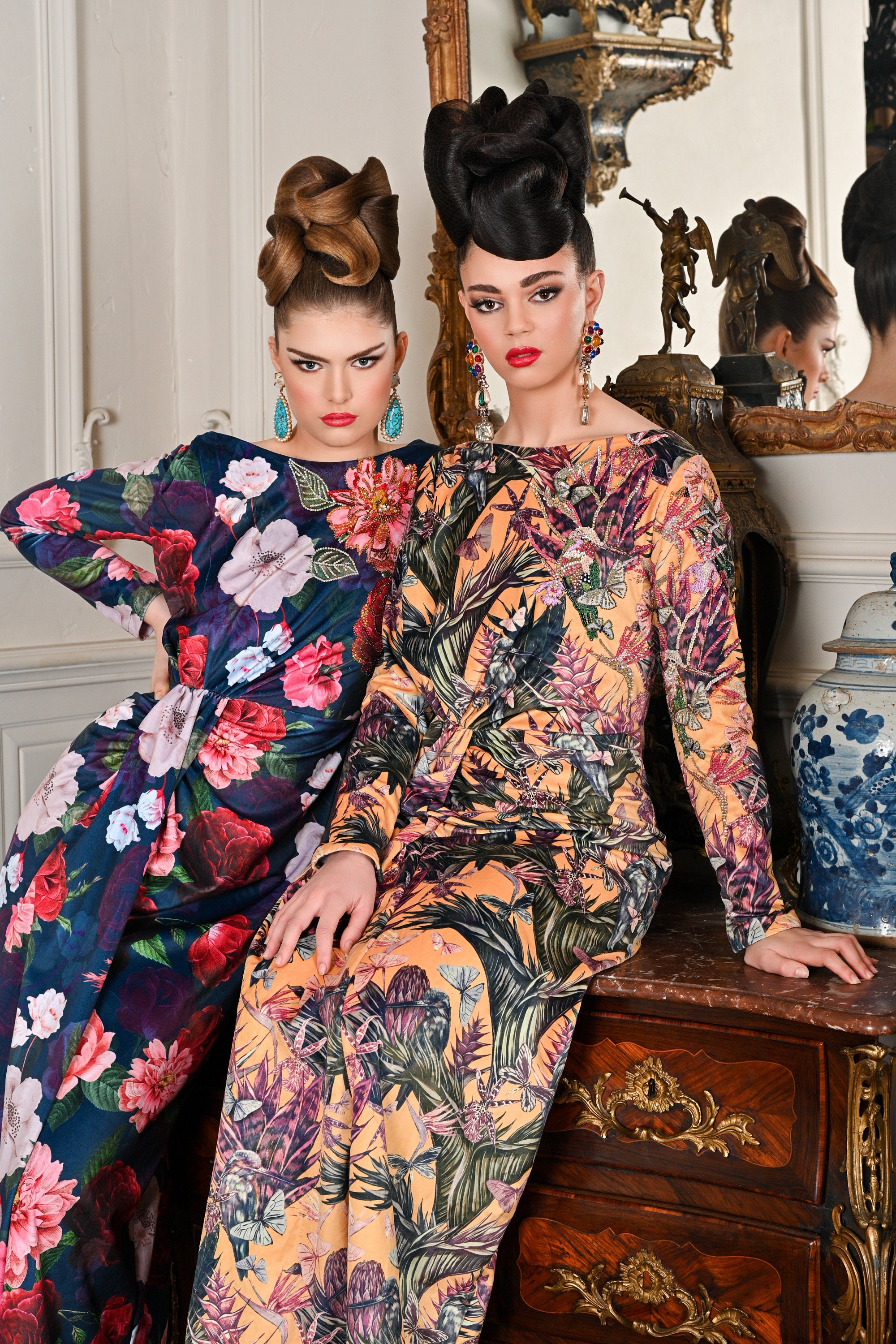 Rosella Dress - Floral, Blue, Suedette, Print, Long, Maxi, Long-sleeve ...
