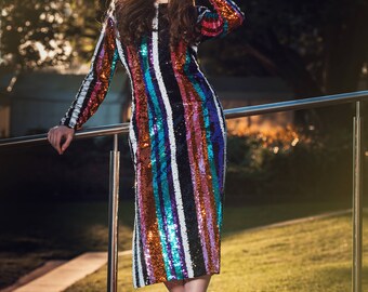 stripes binding long sleeve sequin party dress Striped Sequin Puff Sleeve Dress - Close Fit Skirt, Striped Sequin