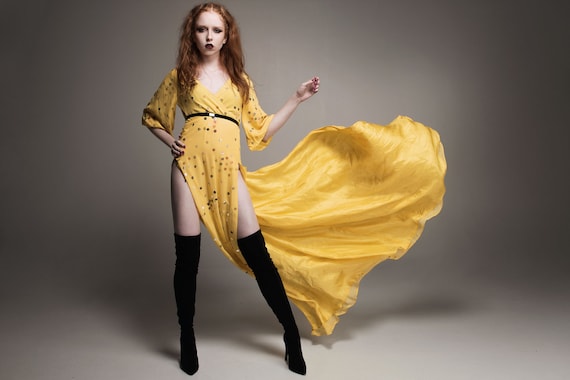 Qaisar Chiffon Gown: yellow, runway, designer, evening, red carpet, sequins, slit, elegant, couture, bohemian, unique, one off.