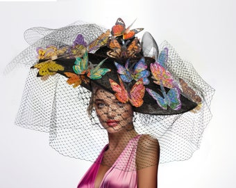 Sombrero de jardín de mariposas - fascinador, sombrerería, carreras, negro, red, apliques, colorido, primavera, carreras, caballo, mariposas, Alicia en el país de las maravillas