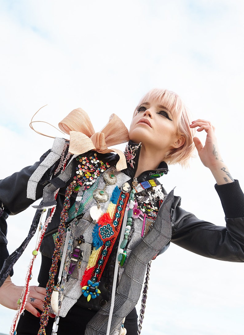 Matka Bomber Jacket eclectic, floral, antique, chains, rainbow, glass, beads, sequins, black, white, flower, bow, unique, one off image 6