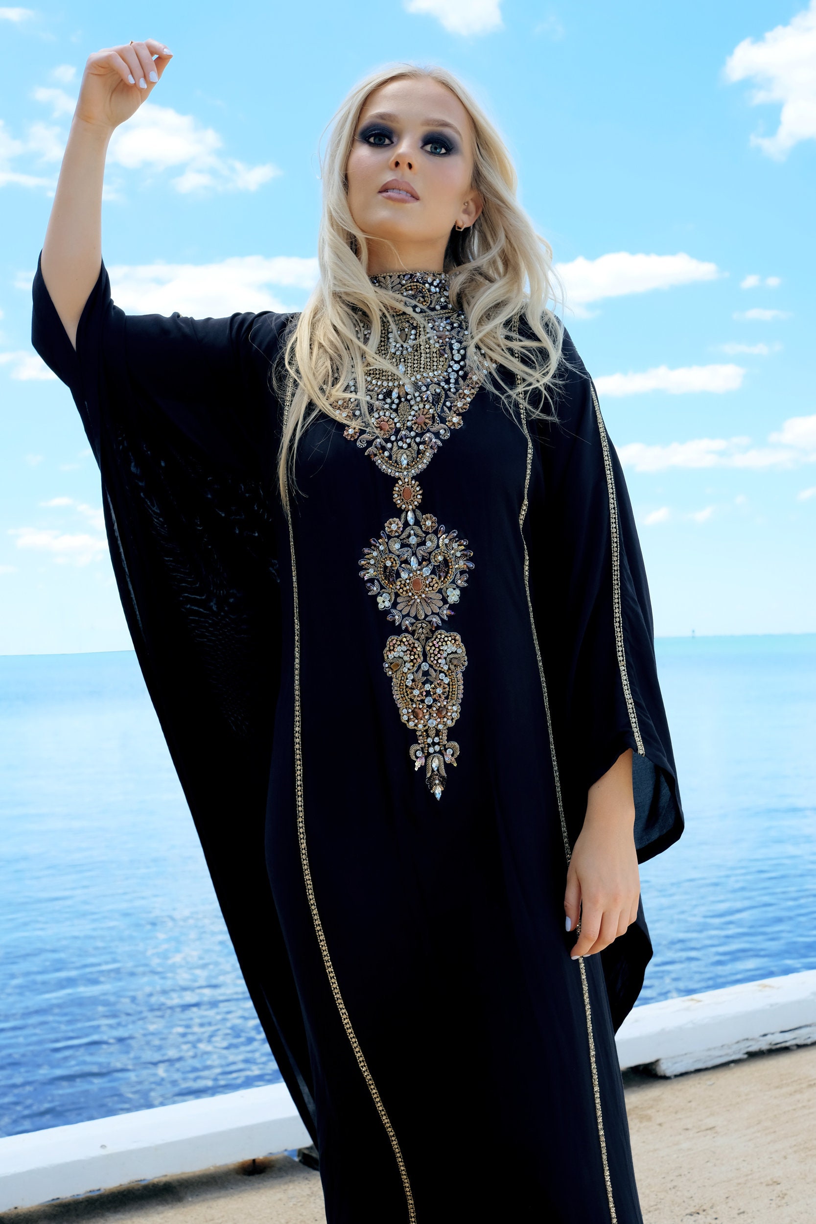 Ziraki Poncho Dress - Evening Embroidery Black Stone Crystal Batwing Cape Floor-Length Couture Handmade Designer Label Exclusive Event
