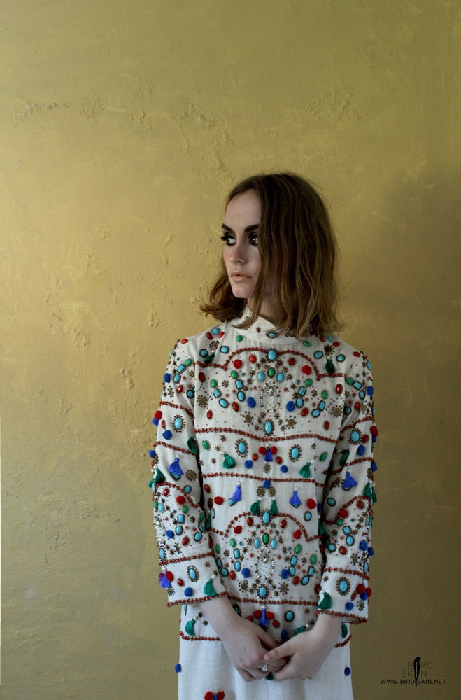 Mankera Robe Dress Hand-Embroidered On Hand-Woven Kashmiri Fabric. Embroidery, Tassels, Beads, Turquoise, Blue, Red, Pom-Poms, Boho, Unique