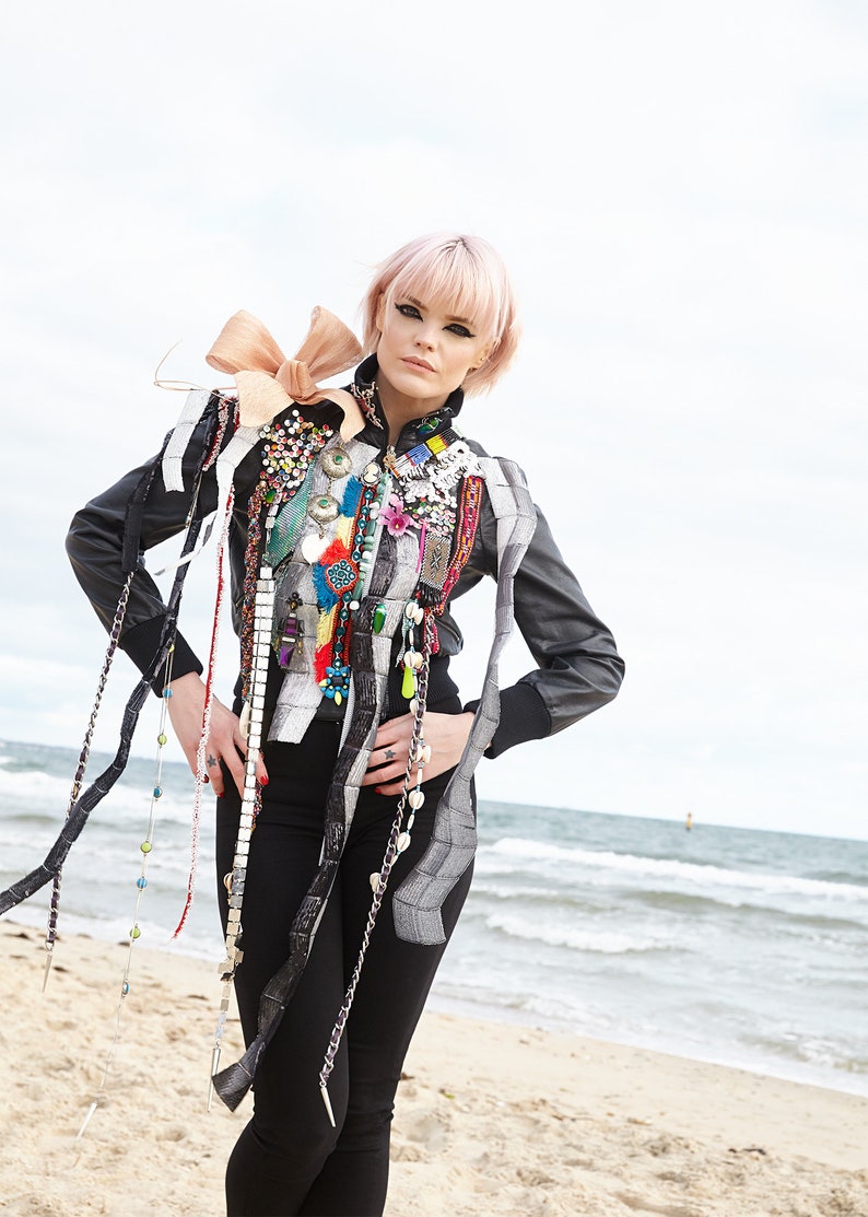 Matka Bomber Jacket eclectic, floral, antique, chains, rainbow, glass, beads, sequins, black, white, flower, bow, unique, one off image 3