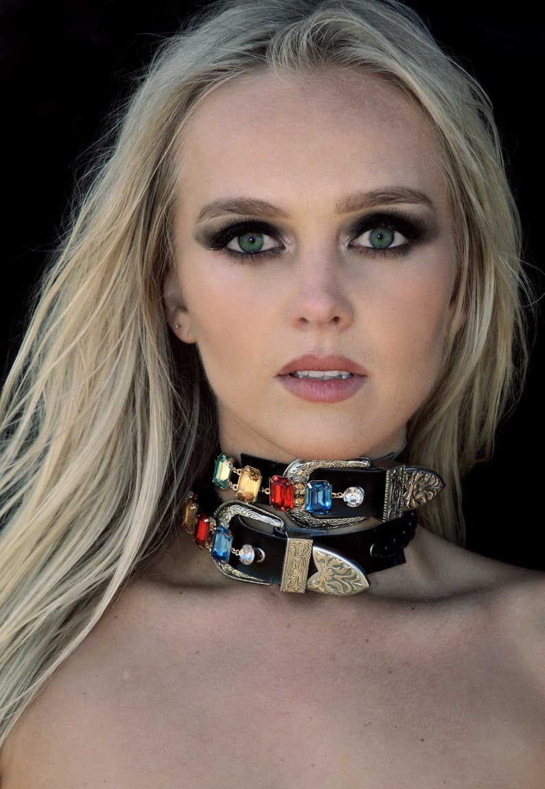 Arak Belt Choker: beads, chrome, crystal, holographic, colorful, rainbow, statement, Iris Apfel, chunky, black, turquoise, Swarovski 