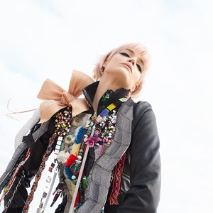 Matka Bomber Jacket eclectic, floral, antique, chains, rainbow, glass, beads, sequins, black, white, flower, bow, unique, one off image 4