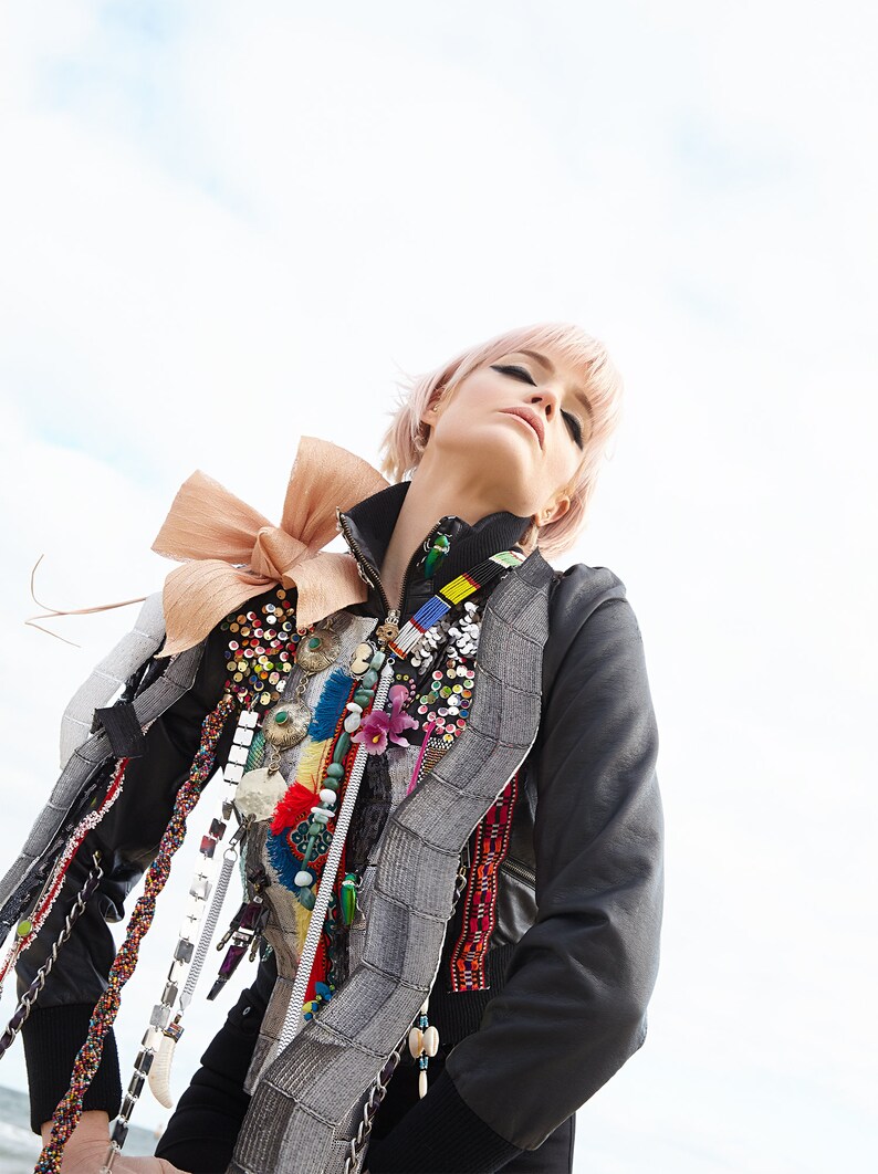 Matka Bomber Jacket eclectic, floral, antique, chains, rainbow, glass, beads, sequins, black, white, flower, bow, unique, one off image 4