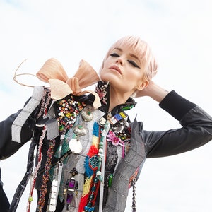 Matka Bomber Jacket eclectic, floral, antique, chains, rainbow, glass, beads, sequins, black, white, flower, bow, unique, one off image 5