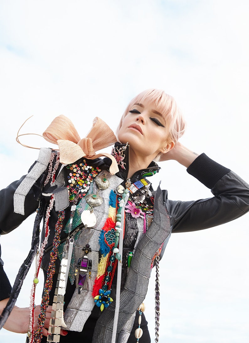 Matka Bomber Jacket eclectic, floral, antique, chains, rainbow, glass, beads, sequins, black, white, flower, bow, unique, one off image 5