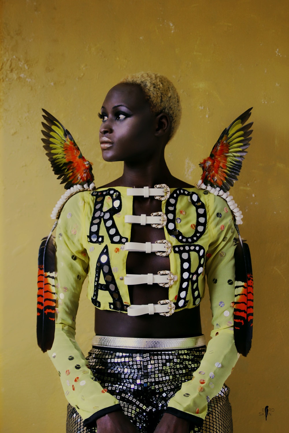 Roar Crop Top: high fashion, avant-garde, buckles, belts, yellow, festival, editorial, runway, long-sleeve, embroidery, unique, designer Roar Crop Top: high fashion, avant-garde, buckles, belts, yellow, festival, editorial, runway, long-sleeve, embroidery, unique, designer