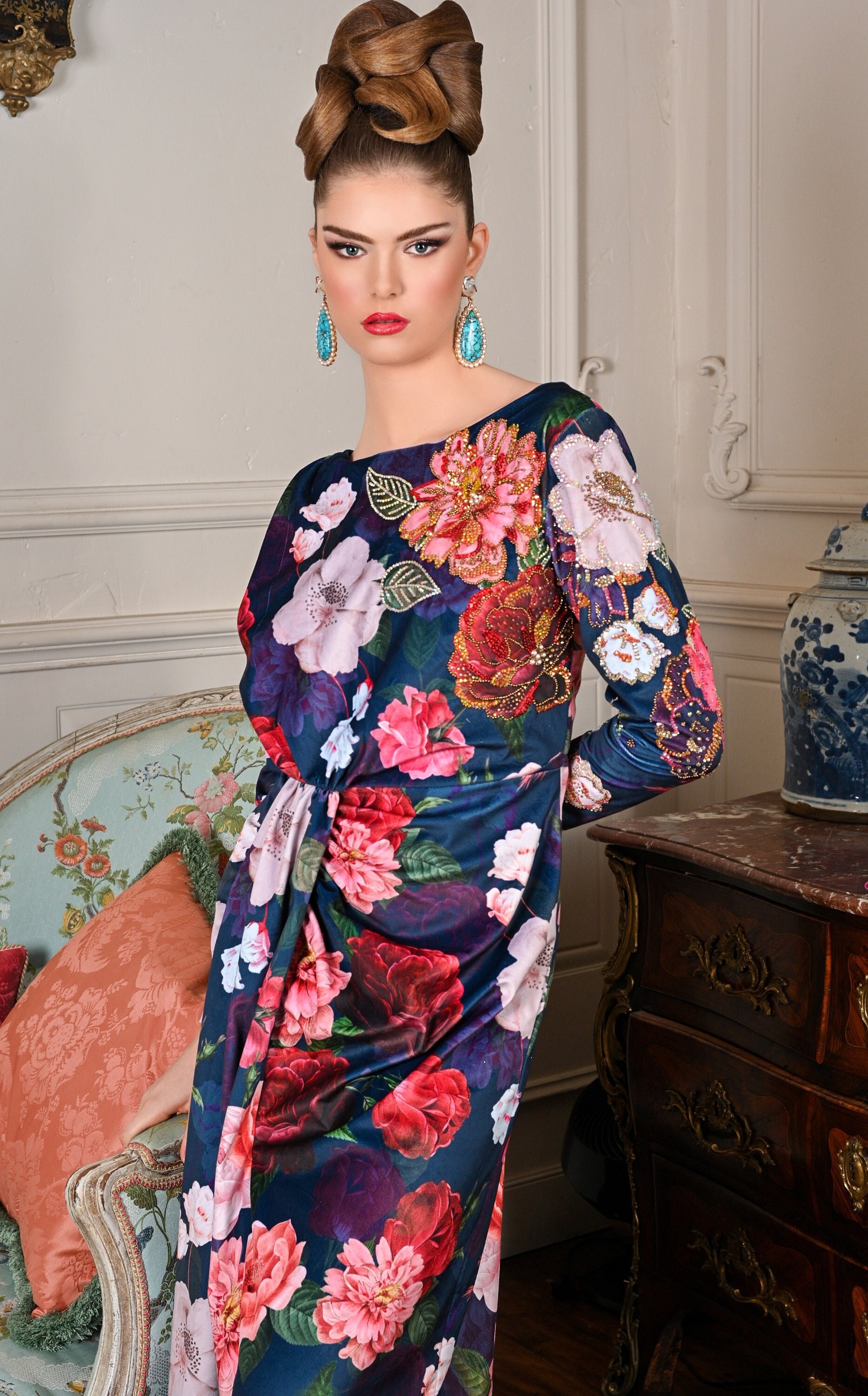 Rosella Dress - floral, blue, suedette, print, long, maxi, long-sleeve, gather, velvet, exclusive, flowers, spring, races, designer, velour