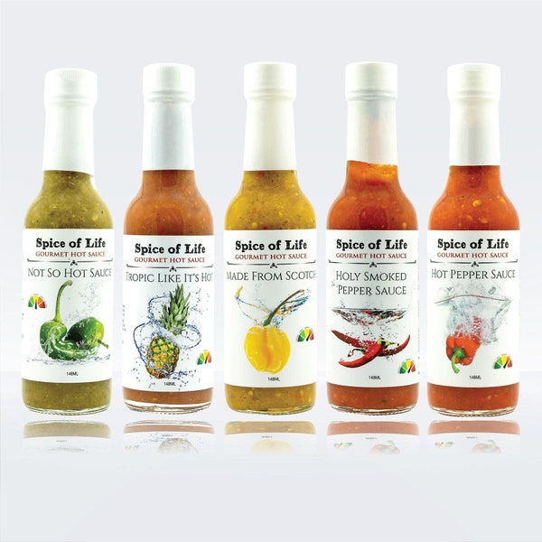 Sauce piquante 5 sauces, grandes bouteilles, sauce piquante artisanale pour l’amateur de poivre, cadeau d’occasion spéciale, merci, excellente façon d’essayer toutes les saveurs