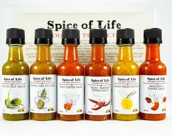 Pack d’échantillons de sauce piquante, 6 condiments gastronomiques au poivre épicé, boîte-cadeau de taille d’échantillon, idée de cadeau de Noël, cadeau de nourriture délicieuse, Saint-Valentin