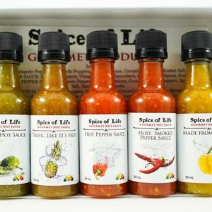 5 Flavours of our Hot Sauces in a Sample size.  Ranging from Mild to Hot; Jalapeño, to Pineapple to Smokey Habanero.
