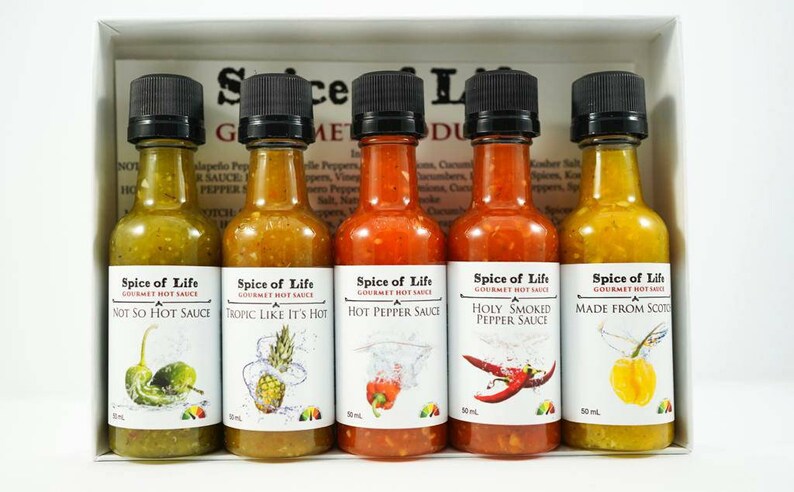 5 Flavours of our Hot Sauces in a Sample size.  Ranging from Mild to Hot; Jalapeño, to Pineapple to Smokey Habanero.