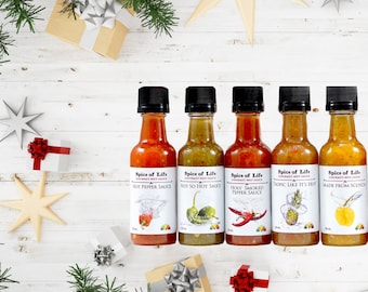 Mini 5 Hot Sauce Christmas Sample Pack, Delicious Gourmet Food Gift, Adult party game, Vegan Vegetarian Foodie Christmas, Thank you Gift