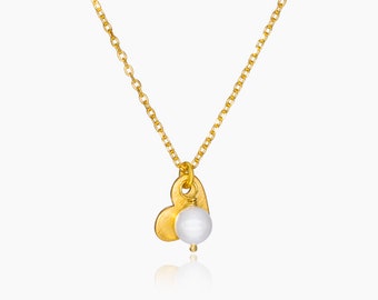 Kurze Halskette 42 -45 cm gold mit Herz-Anhänger und Perle, Perlen-Schmuck, 925 Sterling Silber-Kette vergoldet, Geschenk, Talisman
