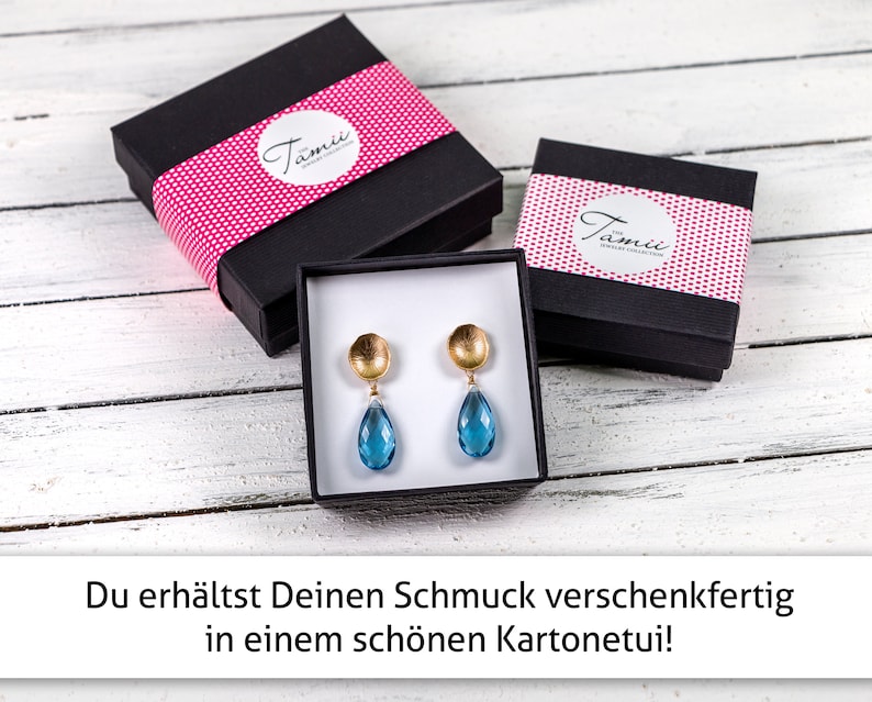 Edelstein-Ohrringe blau-gold, runde Ohrstecker matt-vergoldet, mit blauem Quarz-Tropfen, Etwas Blaues, Hochzeit, Braut Bild 7