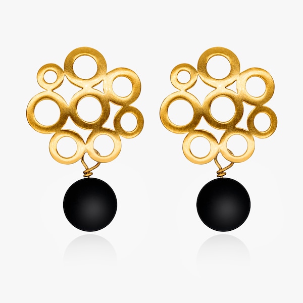 Ohrringe, Ohrstecker gold-schwarz oder silber schwarz, Retro-Ohrstecker mit Onyx-Perle, rund matt-vergoldet