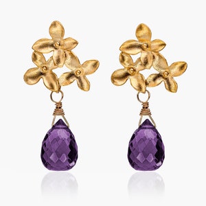 Goldene Blüten-Ohrringe grün, blau, gelb oder lila Edelstein-Tropfen, Blumen-Ohrstecker vergoldet, Pin 925-Sterlingsilber, Geschenk für Sie Gold-purple