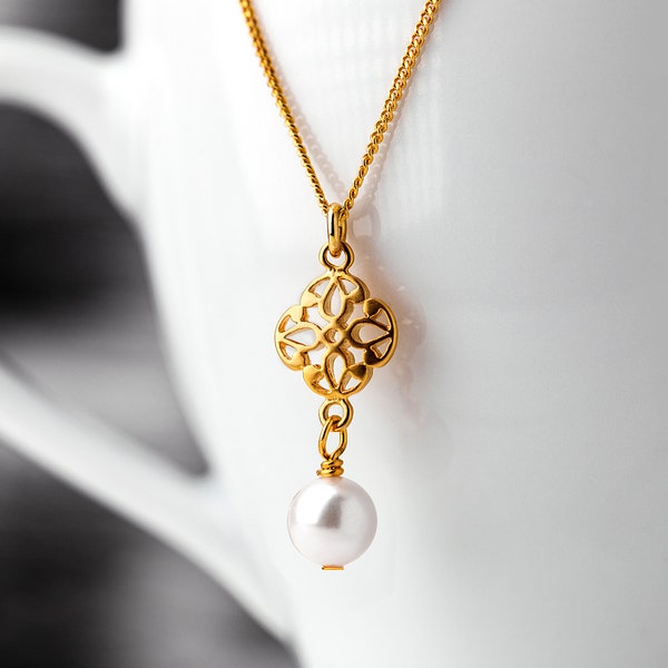 Zarte Perlen Halskette gold u. silber, orientalisches Filigran-Element mit Süßwasserperle, Kette 925-Sterlingsilber, Brautschmuck, Hochzeit