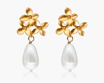 Perlen-Ohrringe gold und silber, Muschelkern-Tropfenperle, zarte Blüten-Ohrstecker, Kirschblüten Perlen-Schmuck, Hochzeit, Braut
